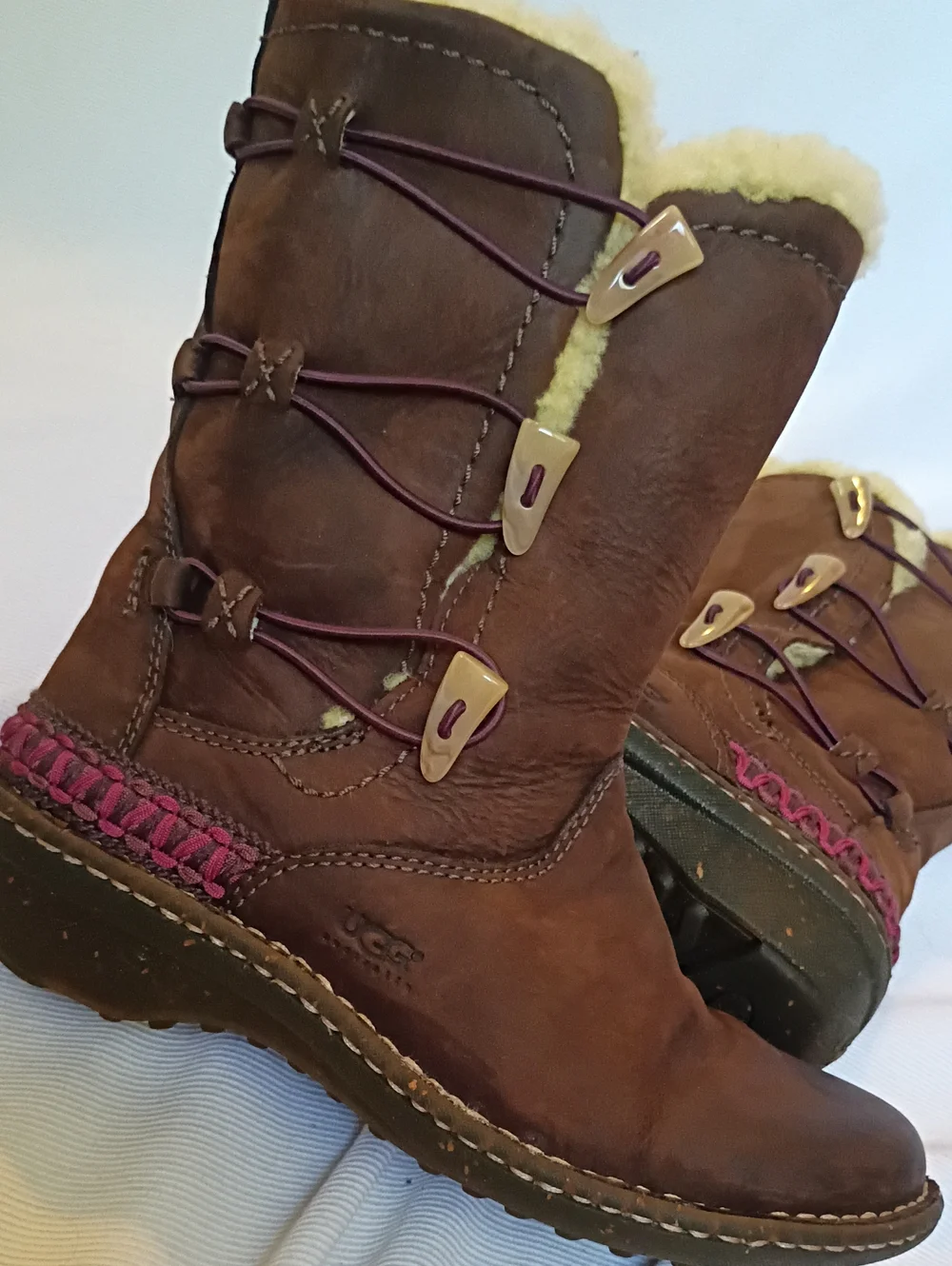 UGG Brown Leather Shearling-Lined Mid-Calf Boots with Purple Accents